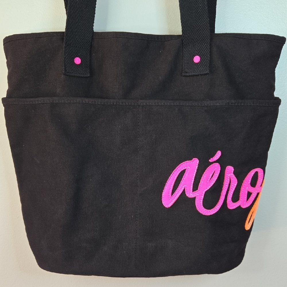 Aeropostale Y2K Black Canvas Signature Colorful Logo Pocket Handles Tote Bag - Picture 2 of 15
